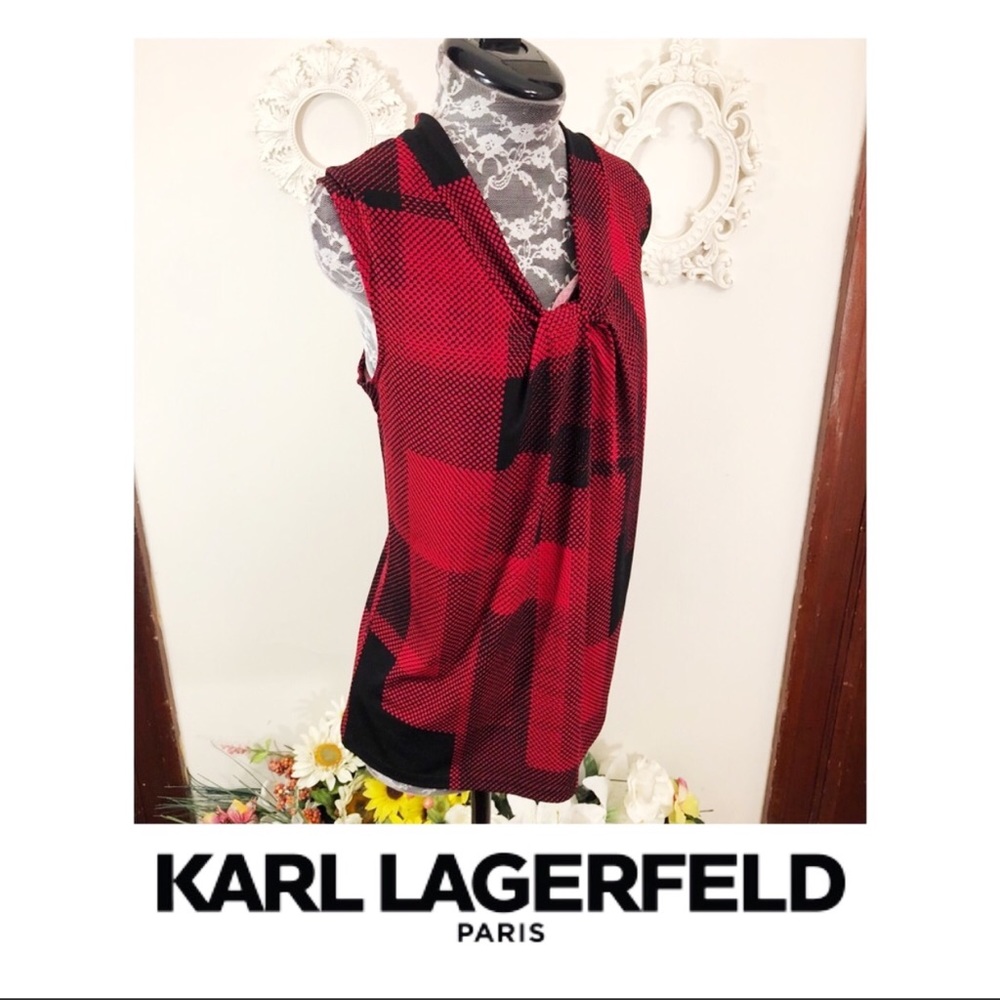 Karl Lagerfeld Red and Black Sleeveless Draped Neck Top